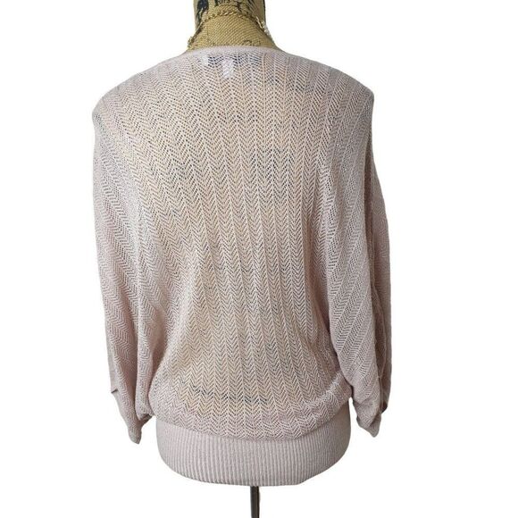 Women's V-Neck Sweater M Open Knit Pink Glitter Draped Short Sleeve Top - Picture 2 of 9
